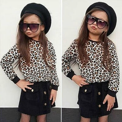 

UK STOCK Kid Girl Long-sleeved Leopard Tops Short Skirt Outfit Clothes Sets 2PCS