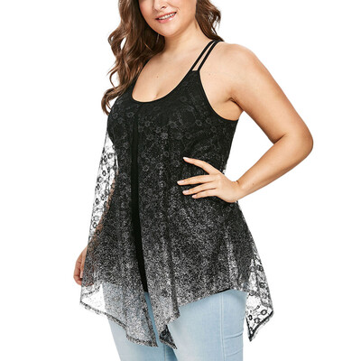 

Roseonmyhand Plus Size Women Perspective Gradient Mesh Tank Up Sleeveless Camis O-Neck Blouse