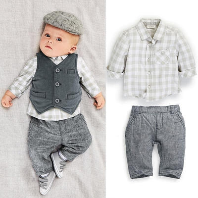 

New Newborn baby boy Grey Waistcoat Pants Shirts clothes sets Suit 3PCS