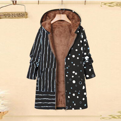 

Toponeto Plus Size Women Winter Warm Printed Pockets Thicker Zipper Hooded Coat Outwear
