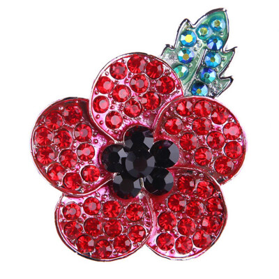 

Women Red Poppy Brooch Pin Crystal Badge Brooch Poppies Green Leaf Decor For Remembrance Day Jewelry