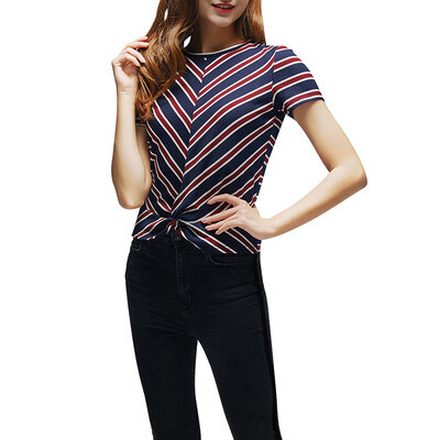 

European Style Women Striped Knot T-shirt Short Sleeve Sexy Summer Ladies Bottoming Tops Streetwear Clothing Tee