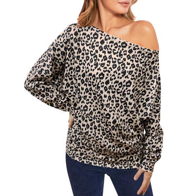 

Off Shoulder Sexy Leopard Print Women Long Sleeve Cotton Fashion Loose Tops