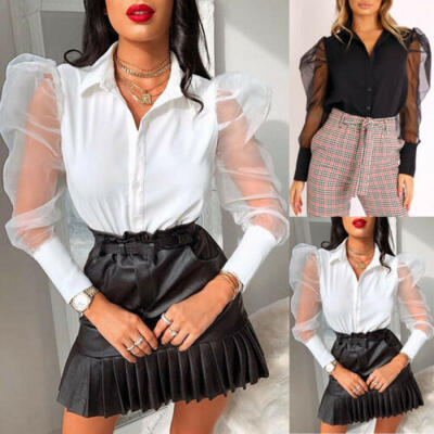 

plus Women Sexy Mesh Puff Long Sleeve Blouse Sheer Tee Slim Fit Casual T-shirt