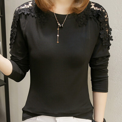 

female t-shirt lace patchwork long sleeve t-shirts women white elegant o-neck t shirts autumn lady plus size clothing