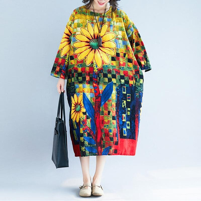 

Vintage Women Cotton Linen Dress O Neck Raglan Three Quarter Sleeve Print Pockets Casual Plus Size Loose Midi Dress
