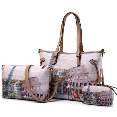 

REALER brand women handbag 3 sets vintage printed tote bag large shoulder bags ladies purses ladies messenger bags