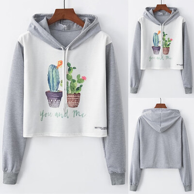 

Starmoon Woman Fashion Loose O-Neck Cactus Print Long Sleeve Short with Hat Sweatshirt