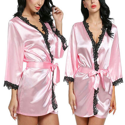 

Sexy Bride Long Women Lace Floral Kimono Robe Satin Silk Night Dressing Gown