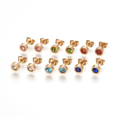 

304 Stainless Steel Ear Studs with Rhinestone Flat Round Mixed Color Golden 14mm Pin 07mm