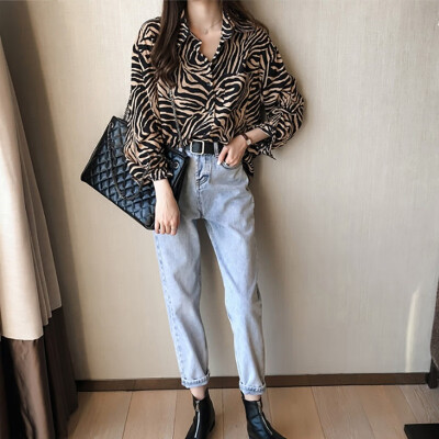 

Women Fashion All-match Casual Loose Concise Retro Striped Botton Dot Long Sleeve Shirts