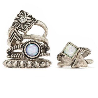 

Stylish Chic Carved Inlaid Precious Stones Small Triangle Six Sets - Silver Stone Combination Ring