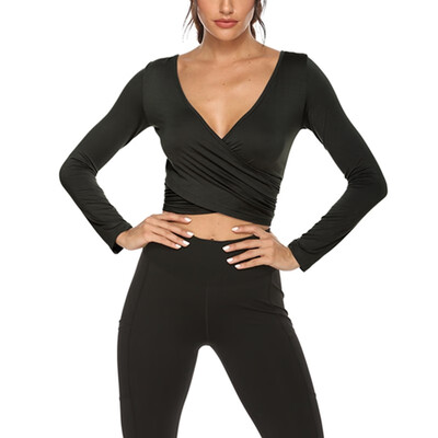 

FITTOO Women Deep V Neck Long Sleeve Cross Wrap Sexy Crop Top Long Cropped Shirt T-shirt blouse pour