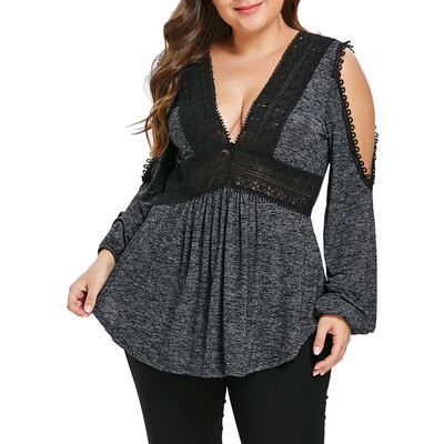 

Roseonmyhand Fashion Women V-Neck Plus Size Open Shoulder Empire Waist Lace T-shirt Tops