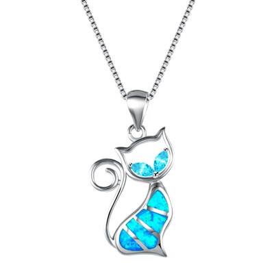 

Created Blue Opal Cat Pendant Necklace