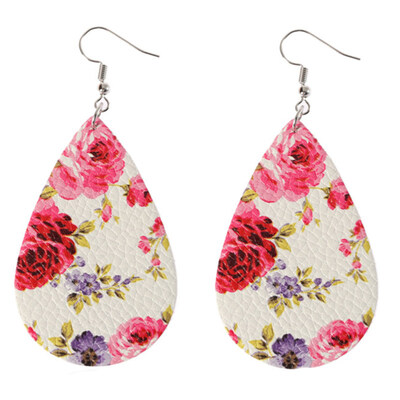 

Boho Women Floral Pattern Teardrop Dangle Faux Leather Hook Earrings Jewelry