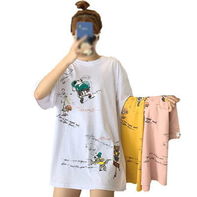 

Cartoon Letter Print Womens Tees Simple Casual Round Neck Short-sleeved Tops