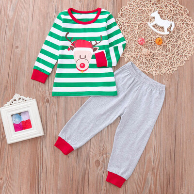 

Toddler Baby Cartoon Deer Boys Tops Stripe Pants Christmas Sleepwear Set Clothes