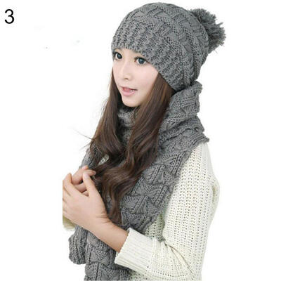 

Fashion Women Winter Warm Cotton Neck Warm Wrap Scarf Shawl Beanie Hat Set Gift