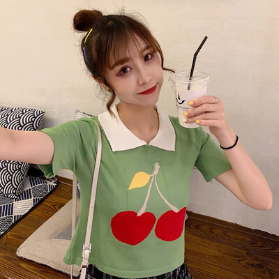 

Womens Sexy Turn-down Collar Knitted Cherry Print Top Tees