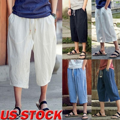 

Summer Men Casual Cotton Linen Loose Retro Drawstring Harem Shorts Trousers