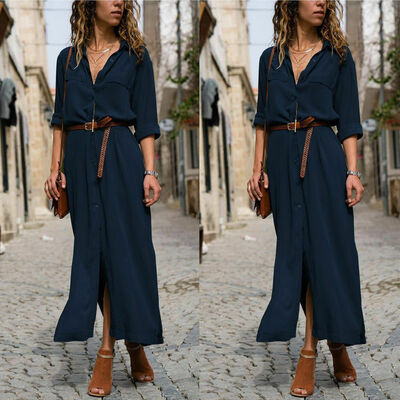 

Women V-Neck Casual Short Sleeve Loose Shirt Dress Summer Party Club Long Dress