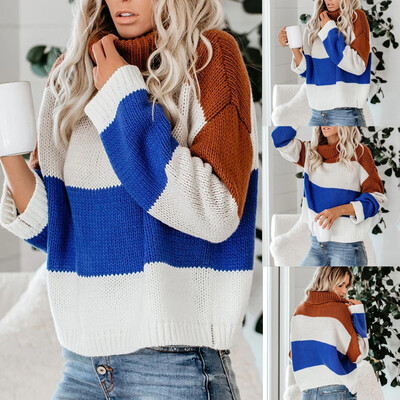 

Tailored Womens Turtleneck Sweater Casual Long Sleeve Color Block Loose Chunky Pullover