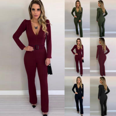 

New Hot Women V Neck Bodycon Jumpsuit Loose Wide Leg Pants Suit Playsuit Autumn