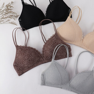 

Honey pig bra thin section no steel ring simple lace sexy beauty back gathering girl underwear small chest bra no trace smooth thin cup W5063 brown 70A