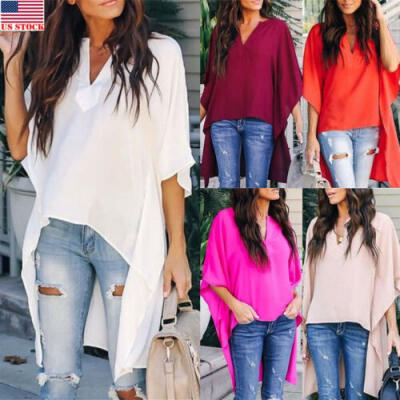 

Fashion Women V Neck Loose Oversize Solid Long Sleeve Casual Blouse Tops T Shirt