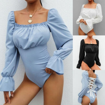 

Women Black White Blue Bandage Jumpsuit Ladies Square Neck Puff Long Sleeve Lace Up Bandage Back Bodycon Romper Bodysuit Top