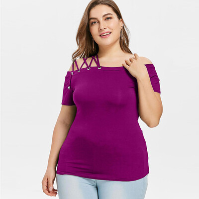 

Roseonmyhand Summer Womens Fashion Casual One Word Collar Lacing T-Shirt