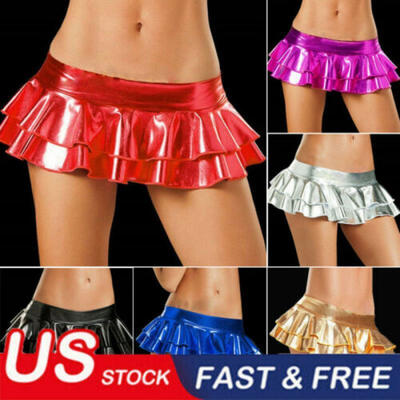 

Women Mini Dress Bodycon Dance Club Bar Nightclub Skirt Metallic PU Leather