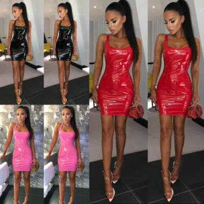 

Fashion Women PU Leather Bandage Bodycon Sleeveless Club Party Short Mini Dress