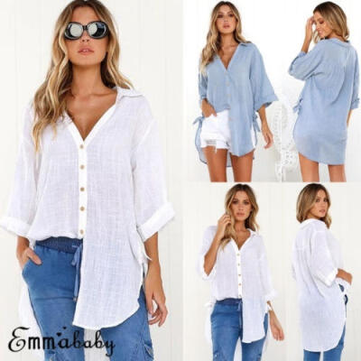 

Sexy Women V-neck Button Down Pocket Long Tops Boyfriend Shirts Wrap Dress Tops -XL