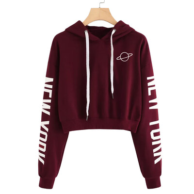 

Women Sexy Hoodie Long Sleeve Letter Printing Pure Color Hooded Sweatshirt Planet Printed Drawstring Hoodie