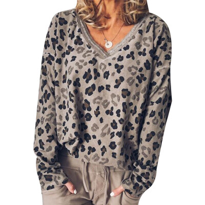 

Autumn Winter Women Fashion Leopard V-neck Long sleeve Casual Loose T-shirt Top