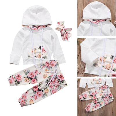 

3PCS Newborn Kids Baby Girls Sweatshirt HoodiesPants Headband Floral Outfit Set