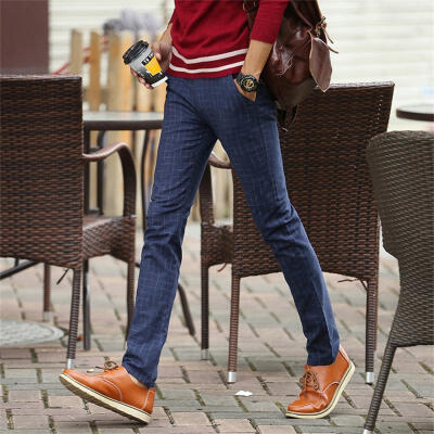 

Mens Slim Fit Pants Causal Straight Plaid Cotton Trousers