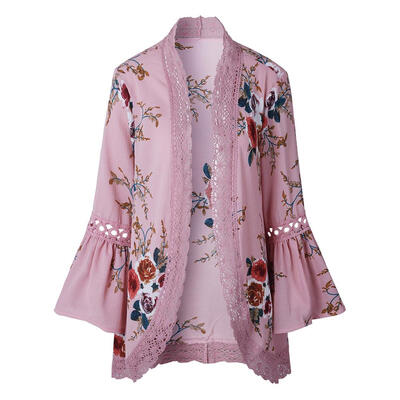 

Women Elegant Lace Hollow Out Cardigan Floral Print Tops Cover Up Blouses