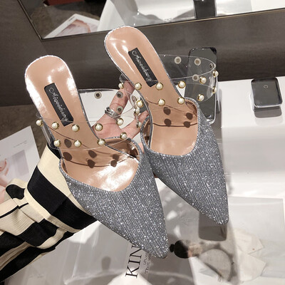 

High heel sandals&slippers women wear summer rivets fashion fine heels&top half slippers