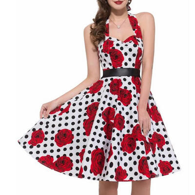

Retro Hepburn Style Halter Floral Dot Print Dress Women Sling Swing Dresses