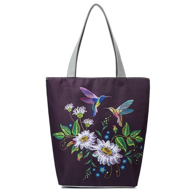 

Vintage Women Shopping Totes Shoulder Bag Bird Floral Print Zipper Pocket Large Capacity Handbag
