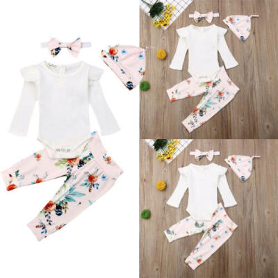 

US Toddler Newborn Baby Girls Floral Romper PantsHat Headband Outfits Clothes