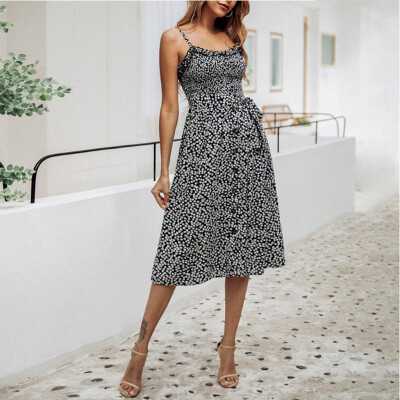 

Womens Fashion Beach Style Floral Print Spaghetti Strap Ruffles Dress Sexy V-Neck Midi Dresses