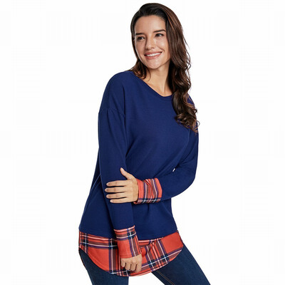 

Round neck long sleeve plaid stitching long loose womens T-shirt top