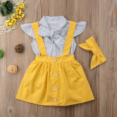 

Cute Baby Kids Girls Short Sleeve TopsSuspender Skirt Headband 3PCS Summer