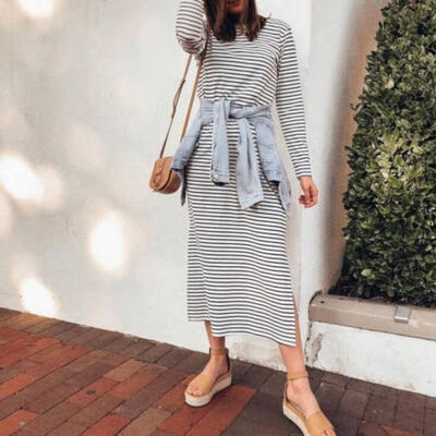

Women Long Sleeve Striped Swing Midi Pajamas Dress Ladies Casual Tracksuit Dresses