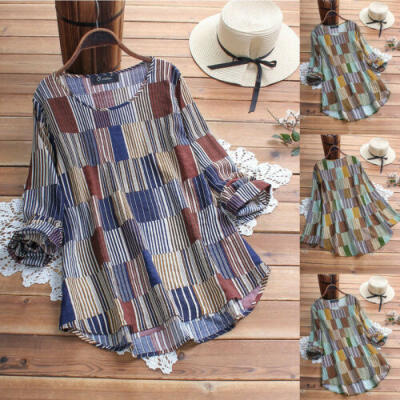 

Womens Summer Striped V Neck Blouses Loose Baggy Tops Tunic T Shirts Plus Size