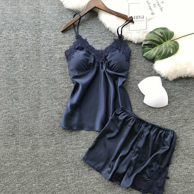 

Summer Women Sexy Pajamas Silk Pijamas Sleepwear Deep V Sling Lingerie Set